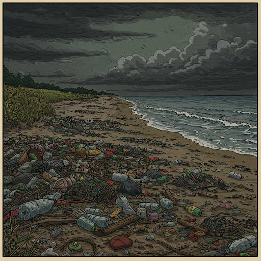 spiaggia di nottte con i rifiuti