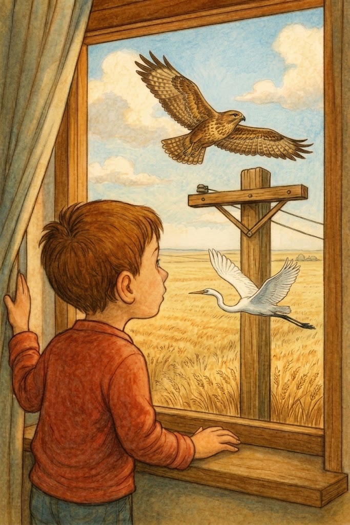 bambino con poiana e airone