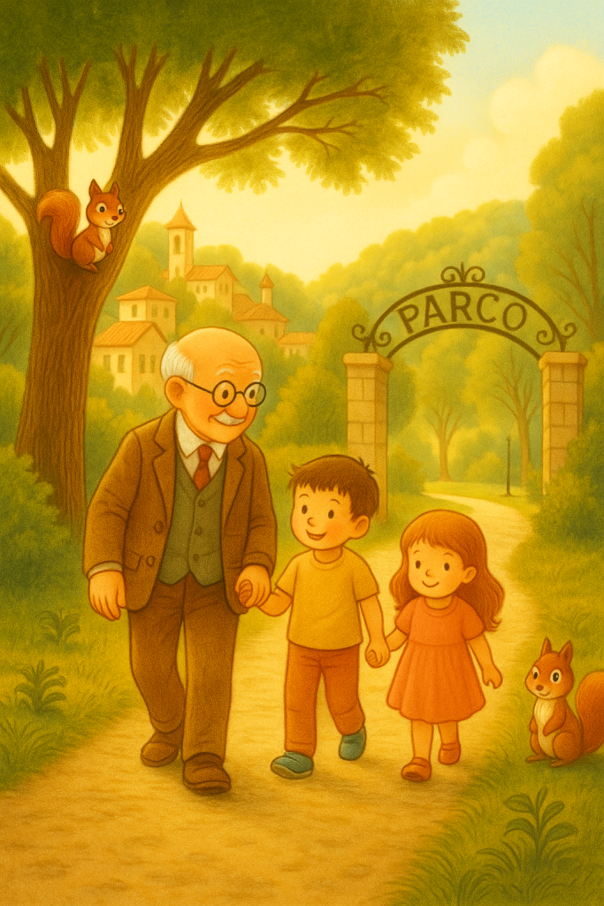 nonno e bimbi verso il parco