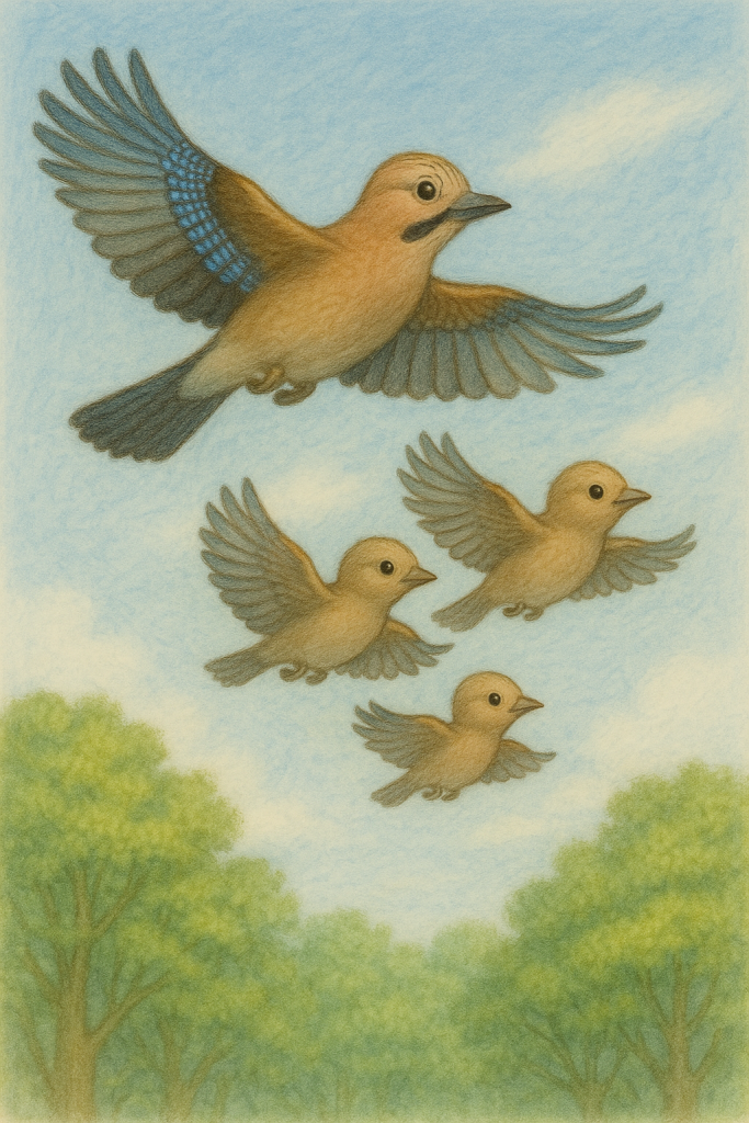 Ghiandaia e i piccoli in volo